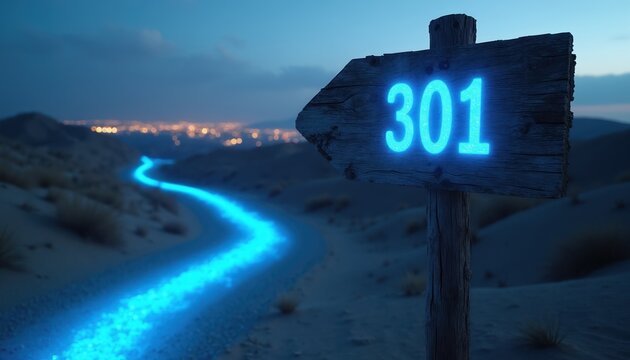 Wooden signpost with neon blue 301 number points towards glowing blue path leading to distant city lights at dusk. Sign indicates old road, path shows new direction.