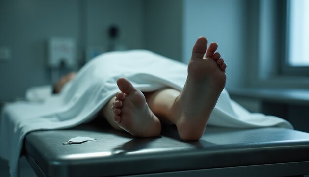 Feet of deceased person covered by sheet on autopsy table. Toe tag rests on metal surface. Forensic examination begins in morgue. Medical science, death investigation.