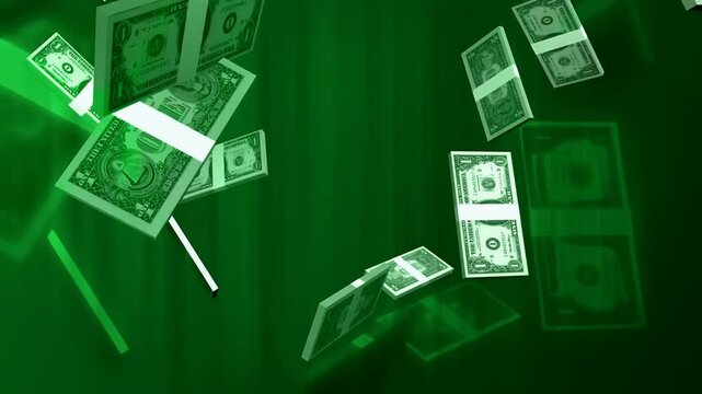 Falling stacks of US dollar bills on a green gradient background
