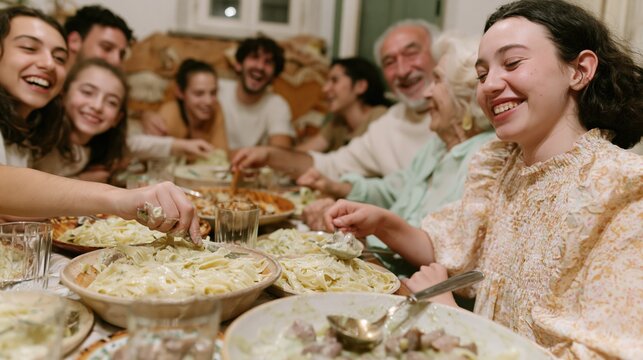 Multigenerational family gathering laughing over pasta dishes at a long table, featuring unposed joy and shared food for lifestyle storytelling