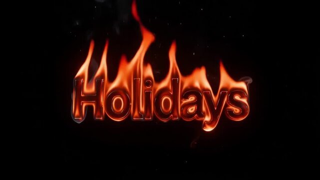 Holidays text glowing with intense orange flames and rising smoke in a dark environment creating a cinematic motion video animation effect with high contrast lighting and sharp details for professiona