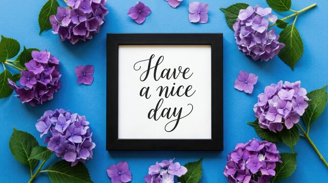International friendship day 'have a nice day' typography with hydrangea flowers