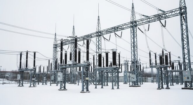 High-voltage electrical substation in a snowy winter landscape, an essential energy infrastructure