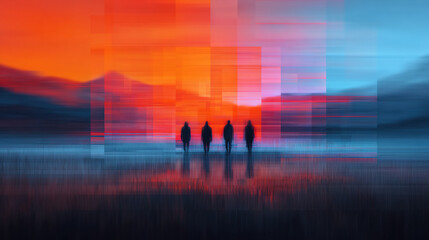 Fototapeta premium A group of farmers collaborating around a holographic display, analyzing soil data and devising sustainable farming solutions
