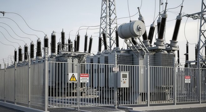 Large electrical transformers and equipment within an industrial power substation, secured by a metal fence and warning signs.
