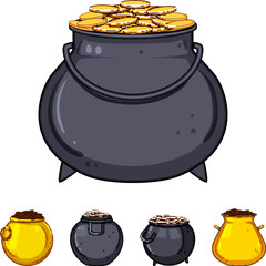 Obraz premium Illustrating various black caldrons and golden pots overflowing with shining coins, this collection bundles objects symbolizing wealth, luck, and hidden treasures