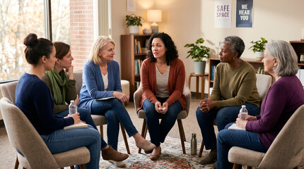 Diverse Women Support Group Sharing Stories in a Safe Space for Women Empowerment and Mental Health