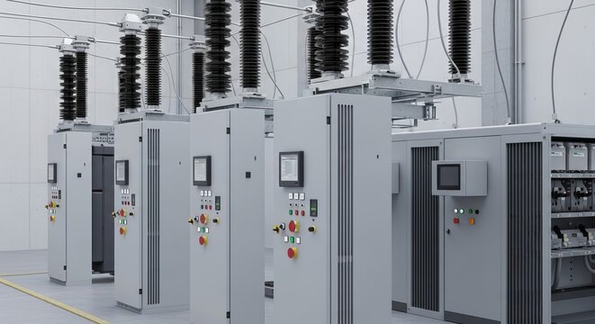 Modern smart grid control equipment with complex electrical systems and digital interfaces within a power station.