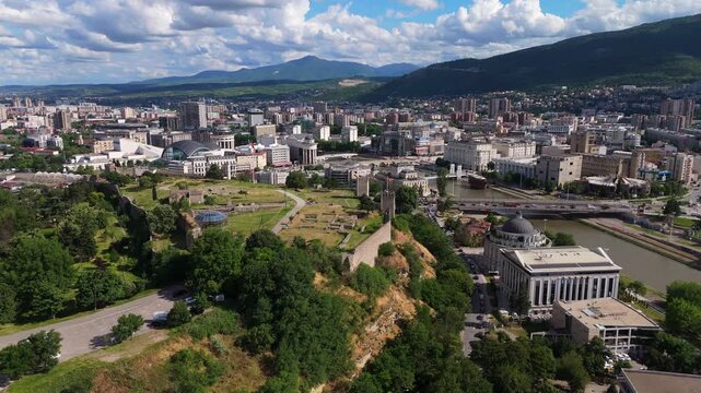 drone aerial of Skopje, North Macedonia, capital city 
