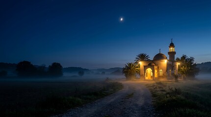 Obraz premium Peaceful mosque illuminated at night in misty rural landscape