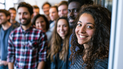 Fototapeta premium A diverse group of smiling young professionals standing closely together in a casual office setting, projecting teamwork and positive work environment.