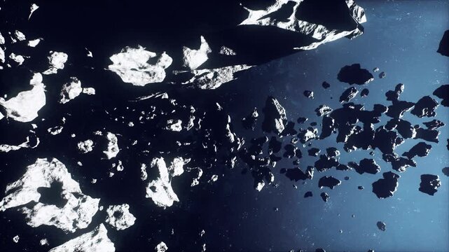Shadows fall over fractured debris corridor illuminated softly, Faint starlight guides sensors as they scan broken rubble for secure passage routes
