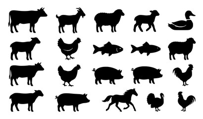 Farm Animals Silhouettes Collection Livestock and Poultry Vector Set © SobujChandra