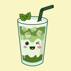 A cartoon glass of iced matcha latte with a straw and mint leaf on top © adyi