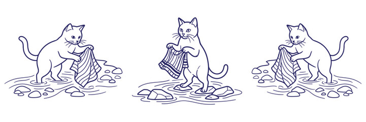 Naklejka premium Cute cat standing in shallow stream washing striped towel on rocks with soft outlines in artistic linear style for whimsical home decor graphic design.