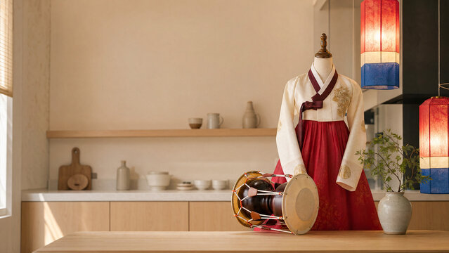 Hanbok with janggu drum and lanterns, Gwangbokjeol kitchen arrangement.
