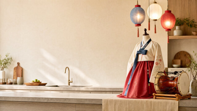Hanbok with janggu drum and lanterns, Gwangbokjeol kitchen arrangement.