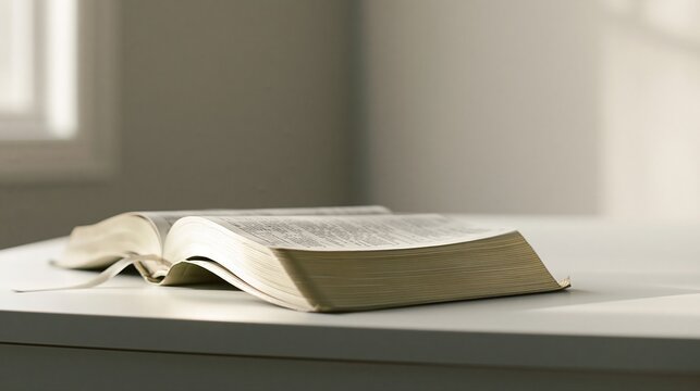 Open Bible on Minimal White Table in Soft Morning Light, Christian Devotional Study Background