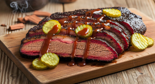 Deliciously smoked and sliced beef brisket with a rich BBQ sauce and dill pickle slices served on a wooden board