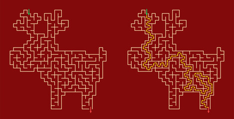 Christmas vector maze with answers for kids on a red background in the shape of one of Santa's reindeer   © Vera Kokorina