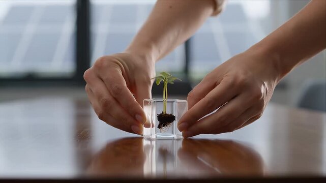 ESG Sustainability hand plant seedling soil glass cube environmental social governance concept with young plant growth table bright office sunlight reflection hope future care protection innovation