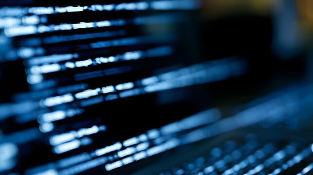 Abstract digital code and blue light streams create a futuristic and dynamic concept of technology and programming