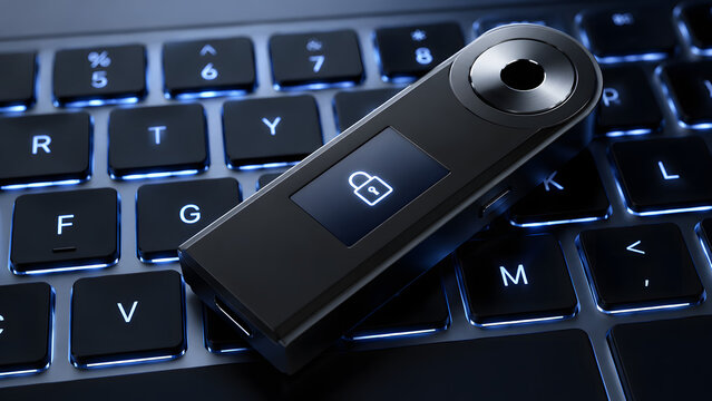 Hardware security key token with padlock icon on illuminated backlit computer keyboard. Cyber security, data protection, multi factor authentication, and digital privacy technology.