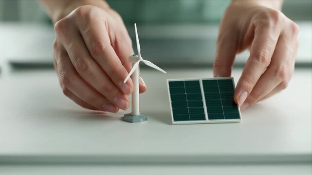 ESG renewable energy clean energy green energy wind turbine solar panel sustainable power eco friendly clean technology miniature model human hand concept clean electricity innovation renewable
