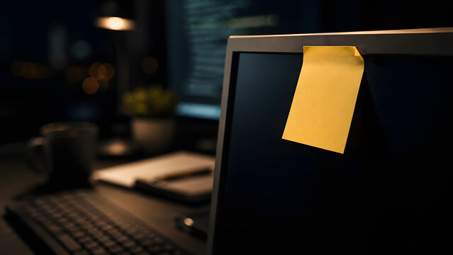 Blank yellow sticky note stuck on computer monitor screen at night. Workspace with keyboard, coffee cup, and desk lamp bokeh background. Reminder, task management, and office work concept.