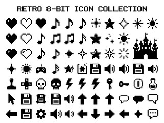 Retro 8-Bit Pixel Art Icon Collection: Monochrome Video Game UI Elements and Symbols © DC
