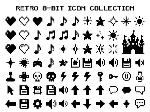 Retro 8-Bit Pixel Art Icon Collection: Monochrome Video Game UI Elements and Symbols