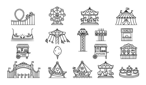 Amusement Park Line Icon Set Roller Coaster Ferris Wheel Carnival and Circus Symbols
&lrm;