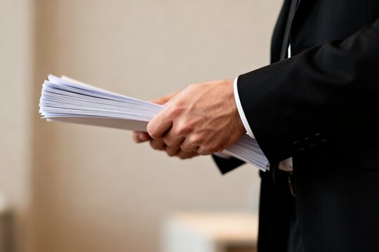 Businessman Holding Stacks of Documents in Office