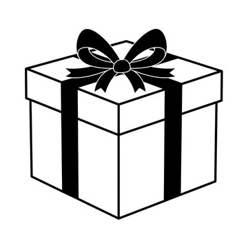 Gift box with ribbon and bow, simple line art illustration, isolated on white background