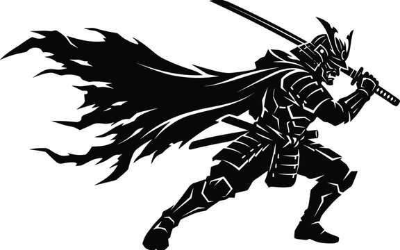 Black and white vector illustration of a samurai warrior in dynamic pose with katana sword and flowing cape