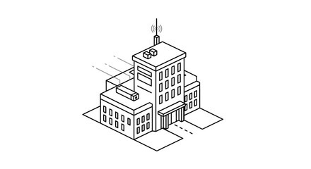 Fototapeta premium Isometric Building with Antenna, Communication Tower and Solar Panels