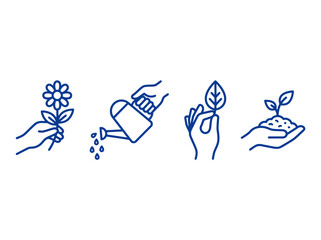 Fototapeta premium Eco-Friendly Gardening Icon Set: Blue Line Art Illustrations of Hands Planting, Watering, and Holding Plants, Flowers, and Leaves for Sustainability Concepts