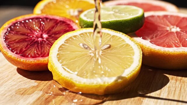 Fresh citrus fruits on wooden board.