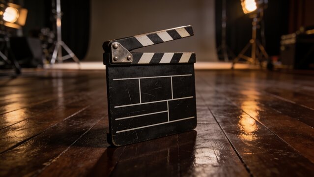 A close-up of a vintage black movie clapperboard on a dark wooden studio floor, featuring a realistic worn texture and metallic hinge details. Warm tungsten lighting creates dramatic highlights and so