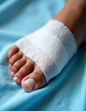 Brown skin foot with white bandage over ulcer. Focus on toes and healing wound. Patient resting on blue sheet. Medical care for foot problem.