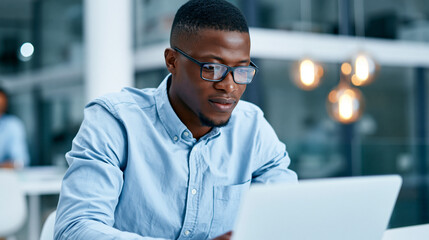 Obraz premium Young African American man working on laptop in office