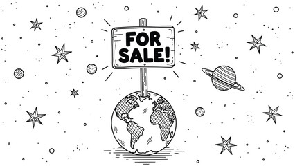 A for sale sign on top of the earth, surrounded by stars and planets, representing global commerce and interstellar trade concepts. © Yesyx