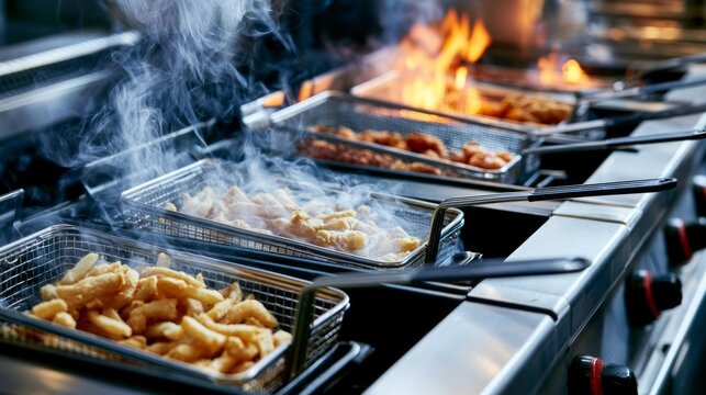 Busy kitchen workstation with multiple frying baskets producing crispy fried food for menu items