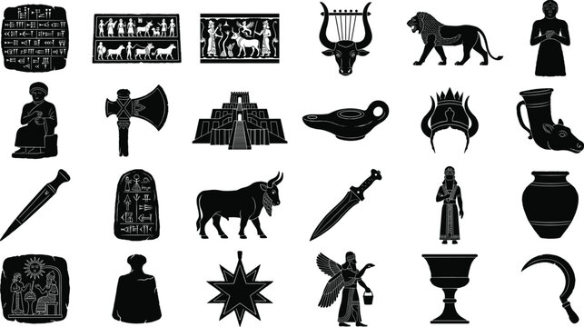 Collection of ancient Mesopotamian civilization artifacts, historical icons, cuneiform tablets, and cultural symbols in black silhouette style