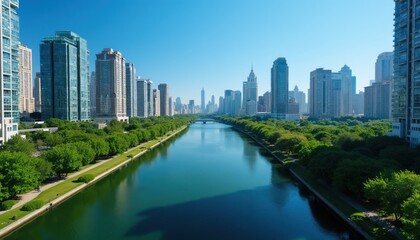 Fototapeta premium Aerial view of wide river waterway flowing through busy city center. Tall modern skyscrapers stand beside green park trees and pathway. Cityscape with blue sky and calm water.