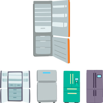 Collection of different household refrigeration units, including an open refrigerator revealing empty shelves and drawers, illustrating kitchen appliance types