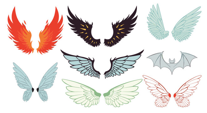 Collection of diverse wings including angel wings, demon wings, bird wings, butterfly wings, and bat wings in various artistic styles.