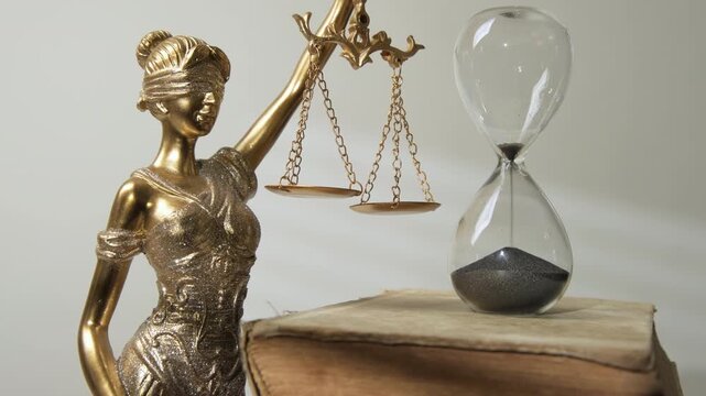 Hourglass on stack of old codex books with statue of goddess Themis holding scales of justice, concept of time running out for making verdict decision