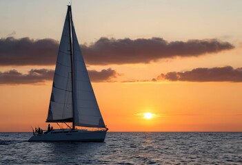 Fototapeta premium Beautiful Sunset Sailing Scene with a White Sailboat on the Sea