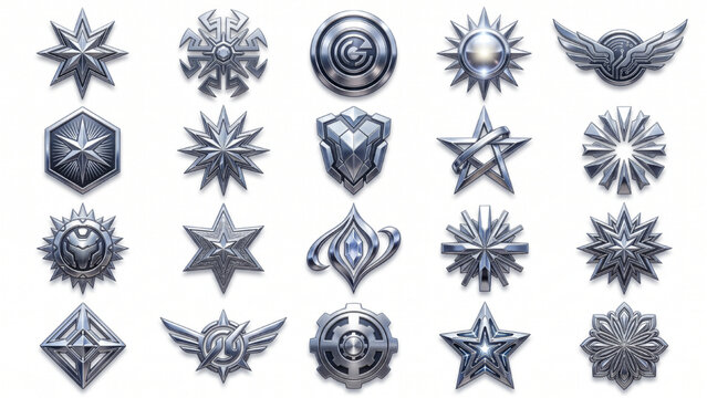 Futuristic Chrome Badge Sunbursts with Metallic Radiating Emblems and Reflective Starburst Design Elements Collection